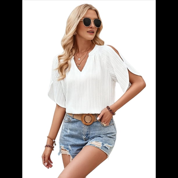 Blusas de Mujer de con Aberturas, Corta, Cuello en V, Estilo Informal de Negocios, Camisa de Verano L