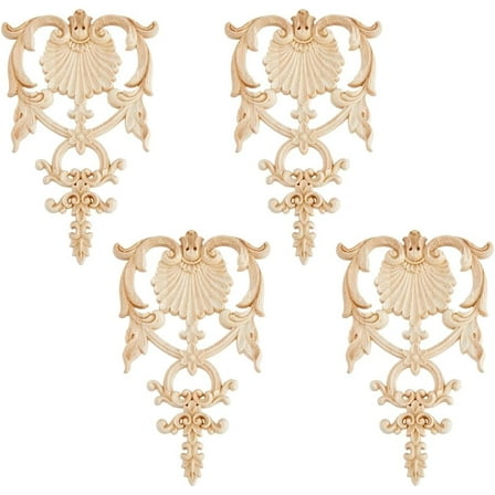 4PCS Carved Wood Appliques Onlays Wooden DIY Applique and Onlays Unpainted Wooden Onlay Wood Carving Appliques for DIY Furniture Cabinet Dresser Bed Wall