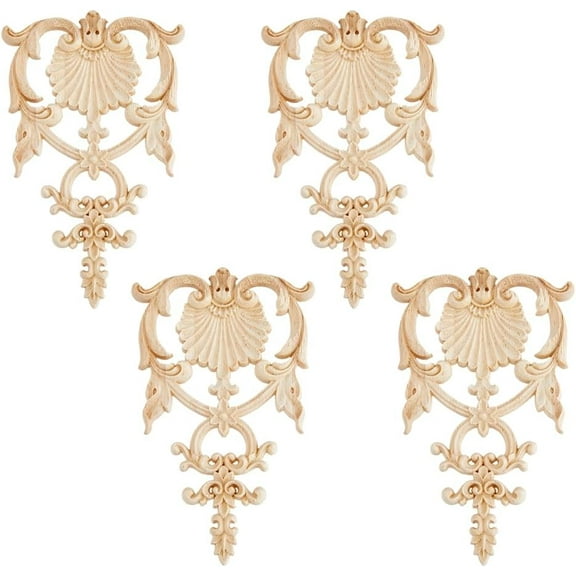 4PCS Carved Wood Appliques Onlays Wooden DIY Applique and Onlays Unpainted Wooden Onlay Wood Carving Appliques for DIY Furniture Cabinet Dresser Bed Wall