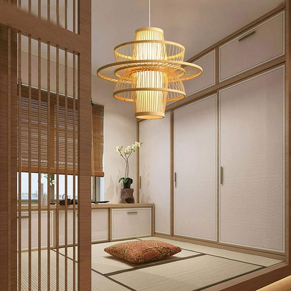 Arturesthome Vintage Bamboo Wicker Rattan Chandelier Lantern Pendant Light Hanging Ceiling Lamp Fixture