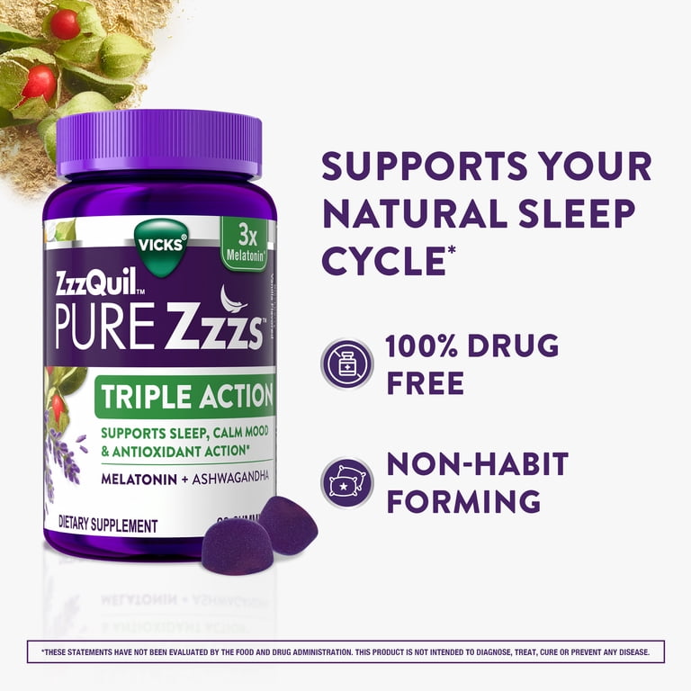 3 pack) ZzzQuil PURE Zzzs Melatonin Triple Action with Ashwagandha