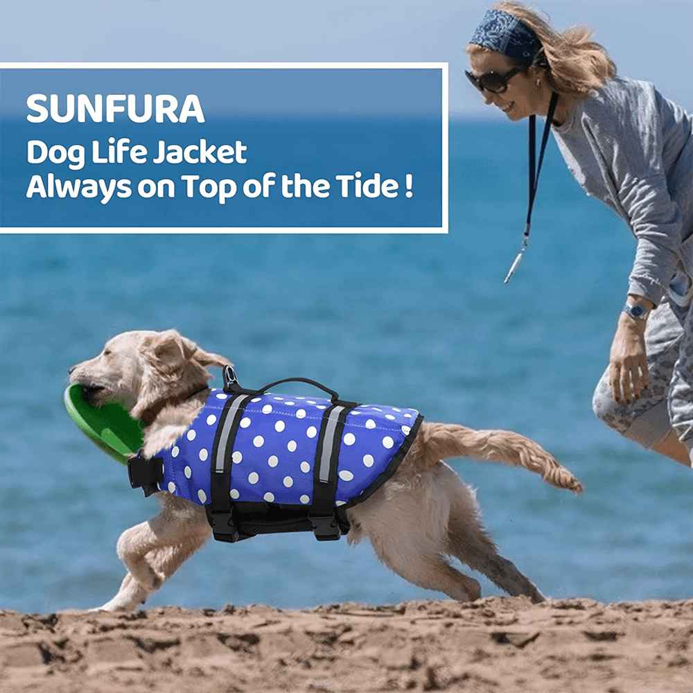 HighVisibilityDogLifeJacket,AdjustablePetFloatationLifeVestDogSwimsuitwithReflectiveStripes&RescueHandle,Blue,M,F53426