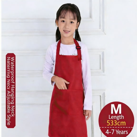 AUQ Kid Children Kitchen Cooking Baking Painting Art Keep Clean Pocket Bib Apron Red