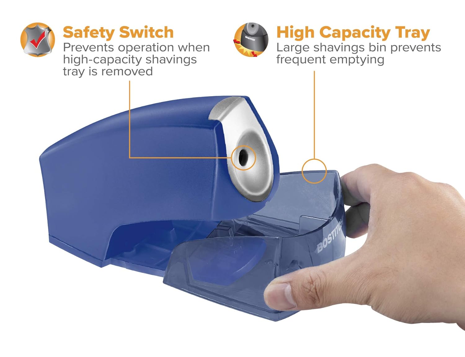 Office Electric Pencil Sharpener for Classroom & Desk Use, Heavy-Duty Stall-Free Motor, High-Capacity Shavings Tray, Dark Blue