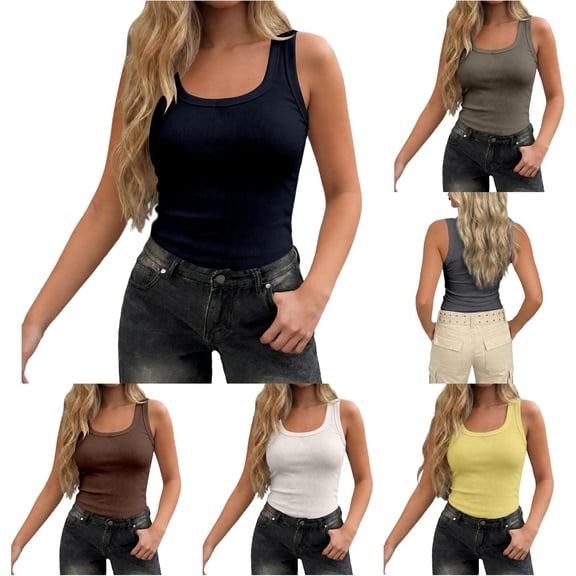 Tank Tops For Women With Built In Bra Athletic Camisole Ribbed Basic Summer Slim Fit Tops Crew Neck Sleeveless Solid Color Clothes Casual Trendy Holiday Everyday Wear,Black,L
