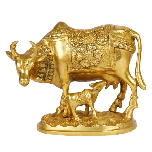 Brass World Lucky Nandi Kamdhenu Cow & Calf Brass Sculpture - Religious KamDhenu Cow Statue 8"