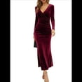 thumbnail image 1 of Vestido Elegante de Terciopelo para Mujer, con Escote en V Profundo, Cruzado A la Cadera, Liso, de Larga, para Fiesta de Noche, Cóctel o Graduación Vino Tinto XL, 1 of 9