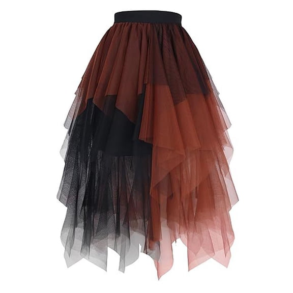 FASHOFT Tutu For Women Adults Uneven Layered Sheer Tulle Skirt A Line Mid Length Irregular Hem Flowy Puff Half Skirt Elegant Wear Women's Skirts Brown