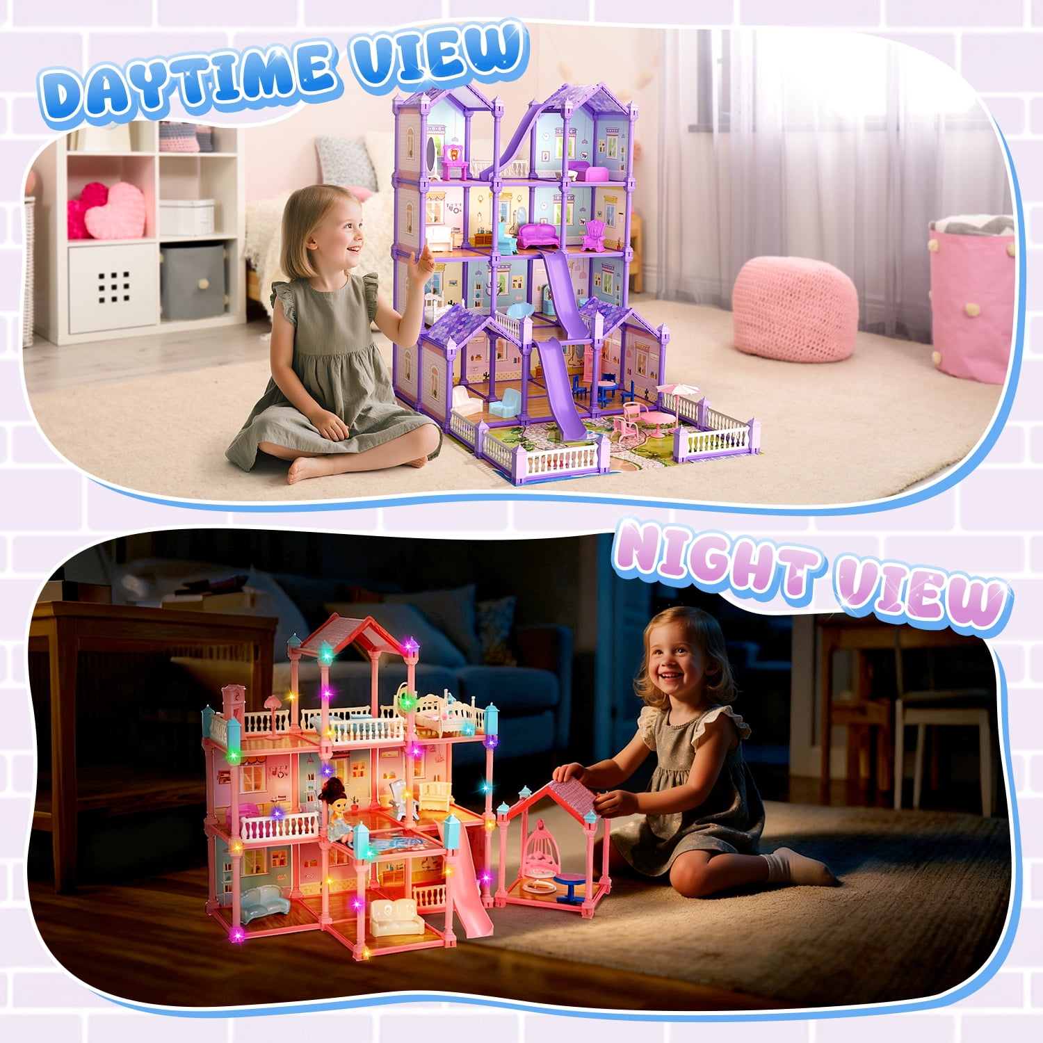 JoyStone Play Dollhouse with Doll Toy Figures, 14 Rooms Furniture and Colorful Lights, Creative Doll House Gift for Girls Ages 3+, Assemble Required, Purple