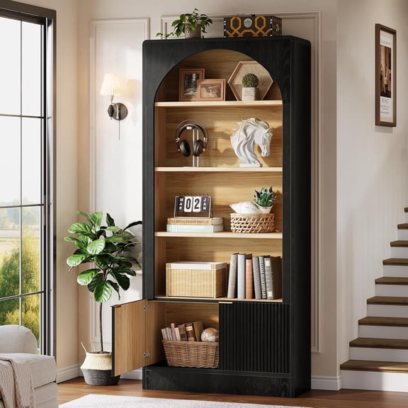 Finmind 71" Tall Arched Bookcase, 5-Tier Modern Farmhouse Bookshelf with Storage Cabinet & Fluted Doors, Standing Wood Shelf for Living Room or Home Office, Black