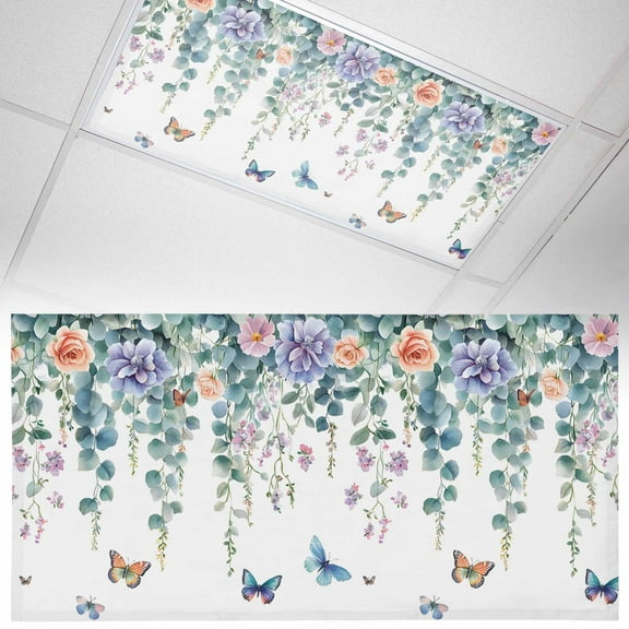 1 Pack Retro Eucalyptus Fluorescent Light Covers for Ceiling Lights Leaf Flower Butterfly Watercolor Plant Magnetic Ceiling Light Covers Overhead Light Filters for Office Classroom Home