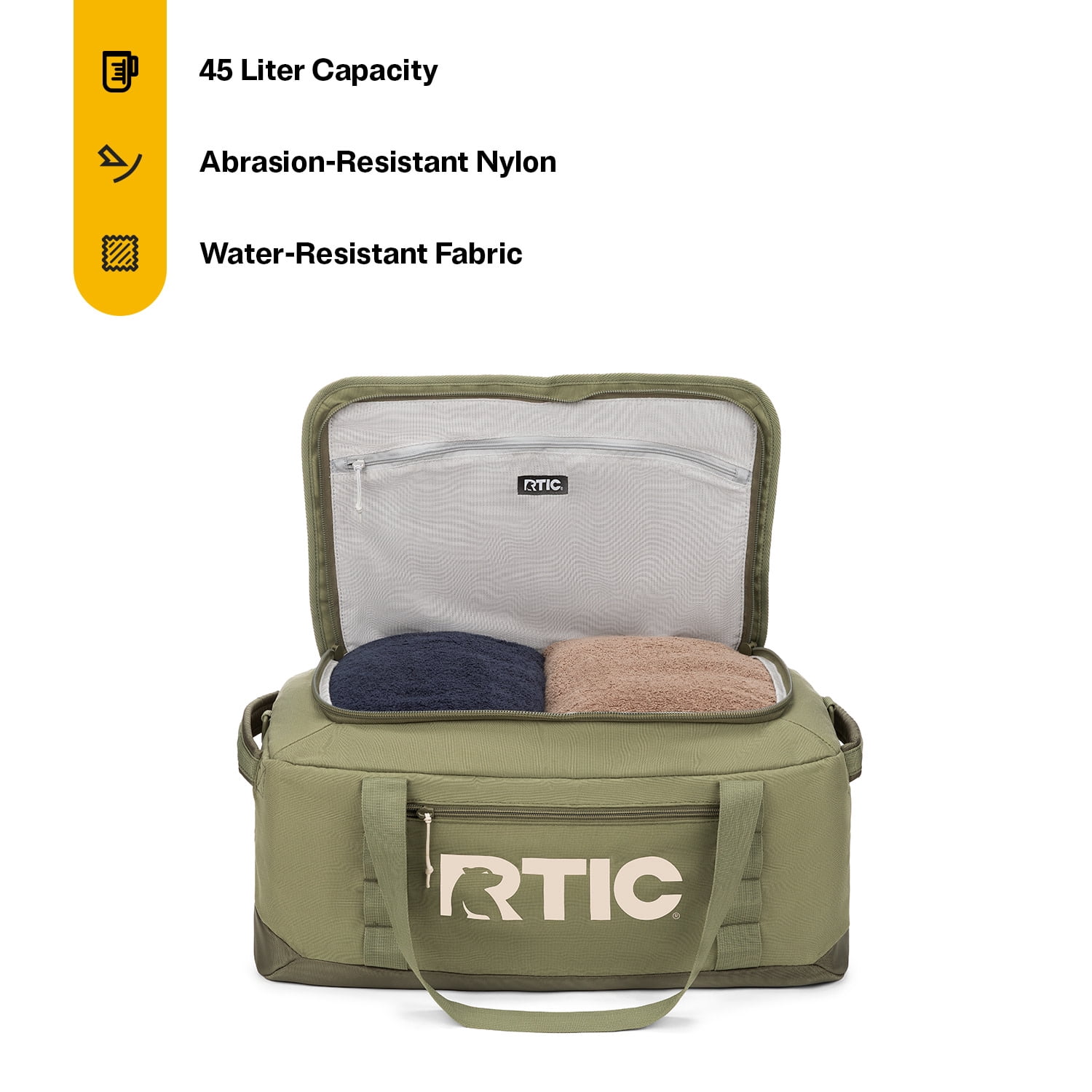 RTIC Road Trip Duffle Bag, Medium, Water Resistant, Durable Fabric, Olive & Beach