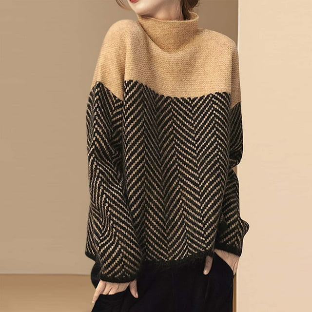 EGNMCR Chandail à Col Roulé pour Femmes, Chandails pour Femmes Chandail à Col Roulé Patchwork pour Femmes Chandail Tricoté Mode Décontractée Hauts Chandail pour Femmes
