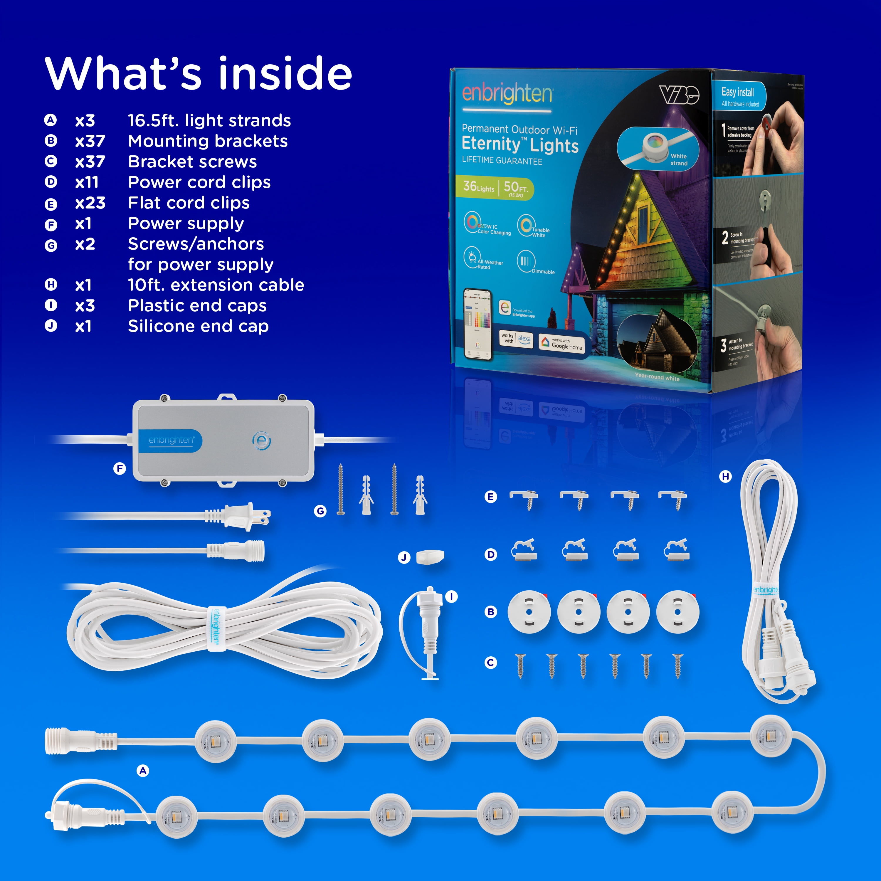Enbrighten 50ft Wi-Fi Eternity Lights, Permanent Outdoor Lights, 36 LEDs, Smart LED Eaves Lights for Christmas, Halloween, Party, Game Day and More