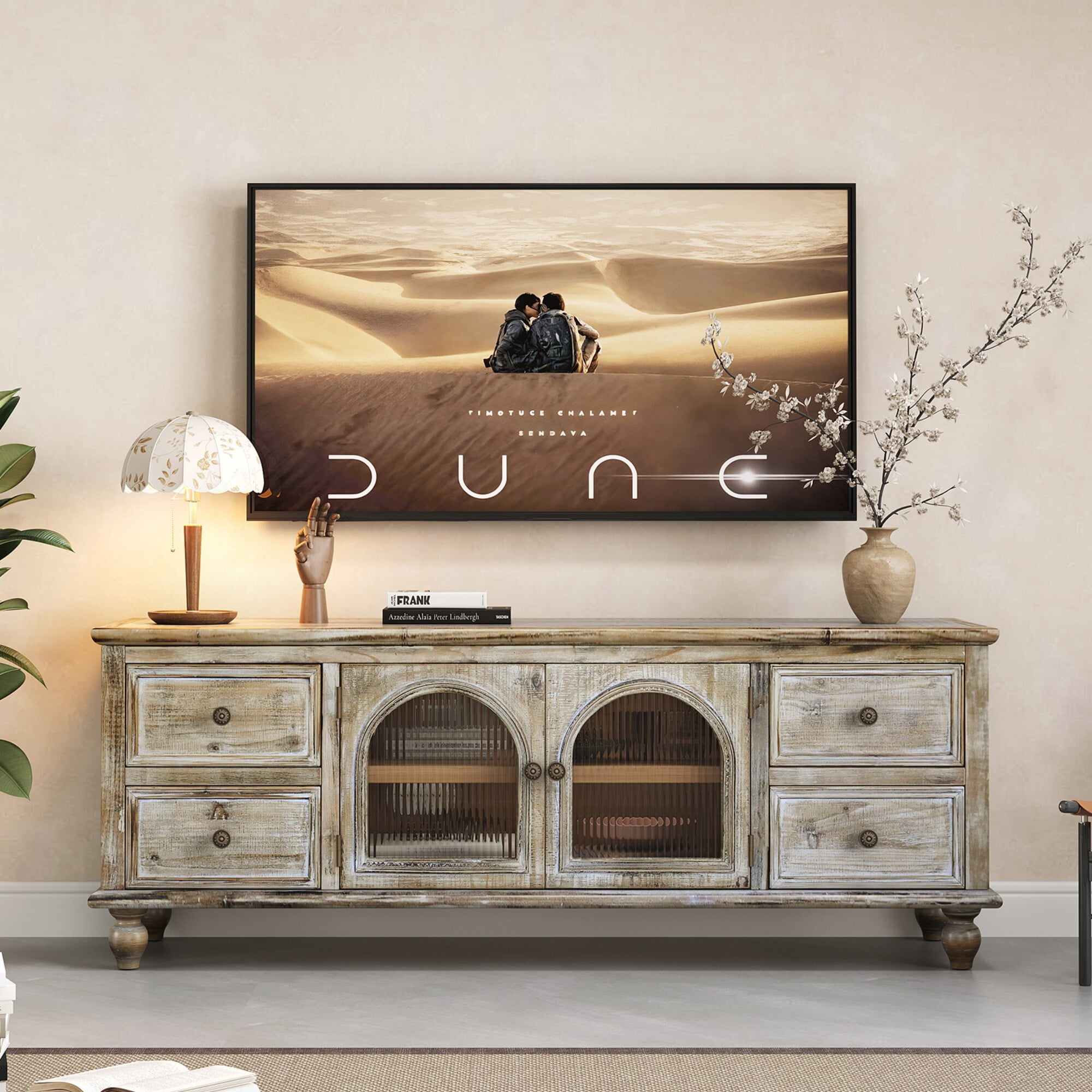 AENKYO 60 Inch Farmhouse TV Stand with 4 Drawers & 2 Glass Doors, Rustic Media Console – Gray Wash