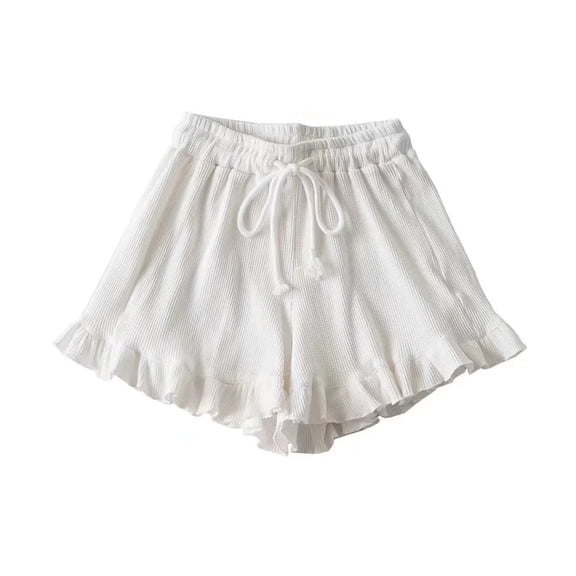 SYMOID Womens Waffle Knit High Waisted Lounge Shorts, Casual Ruffle Hem Relaxed Fit Shorts with Elastic Drawstring, White,Size S