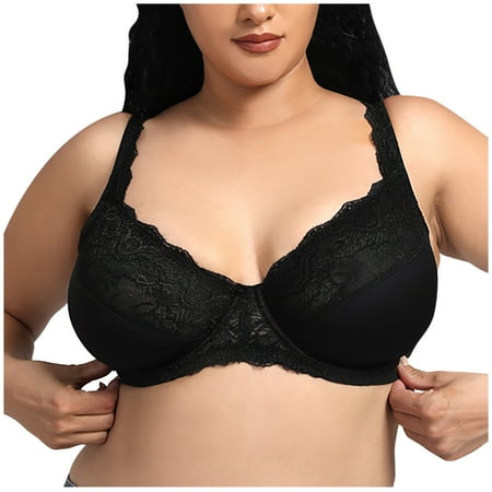 No Show Bra Women Plus Size Seamless Push Up Lace Sports Bra Comfortable Breathable Bras Underwear V-Neck Lightly Lined Bra Feature Hook and Eye Closure Balconette Bra Style Y-626   Black 95E