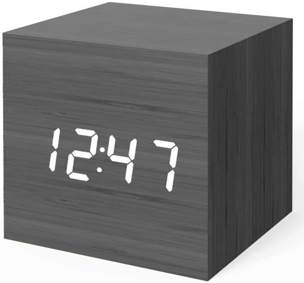 Digital Alarm Clock, Wood Led Light Mini Modern Cube Desk Alarm Clock