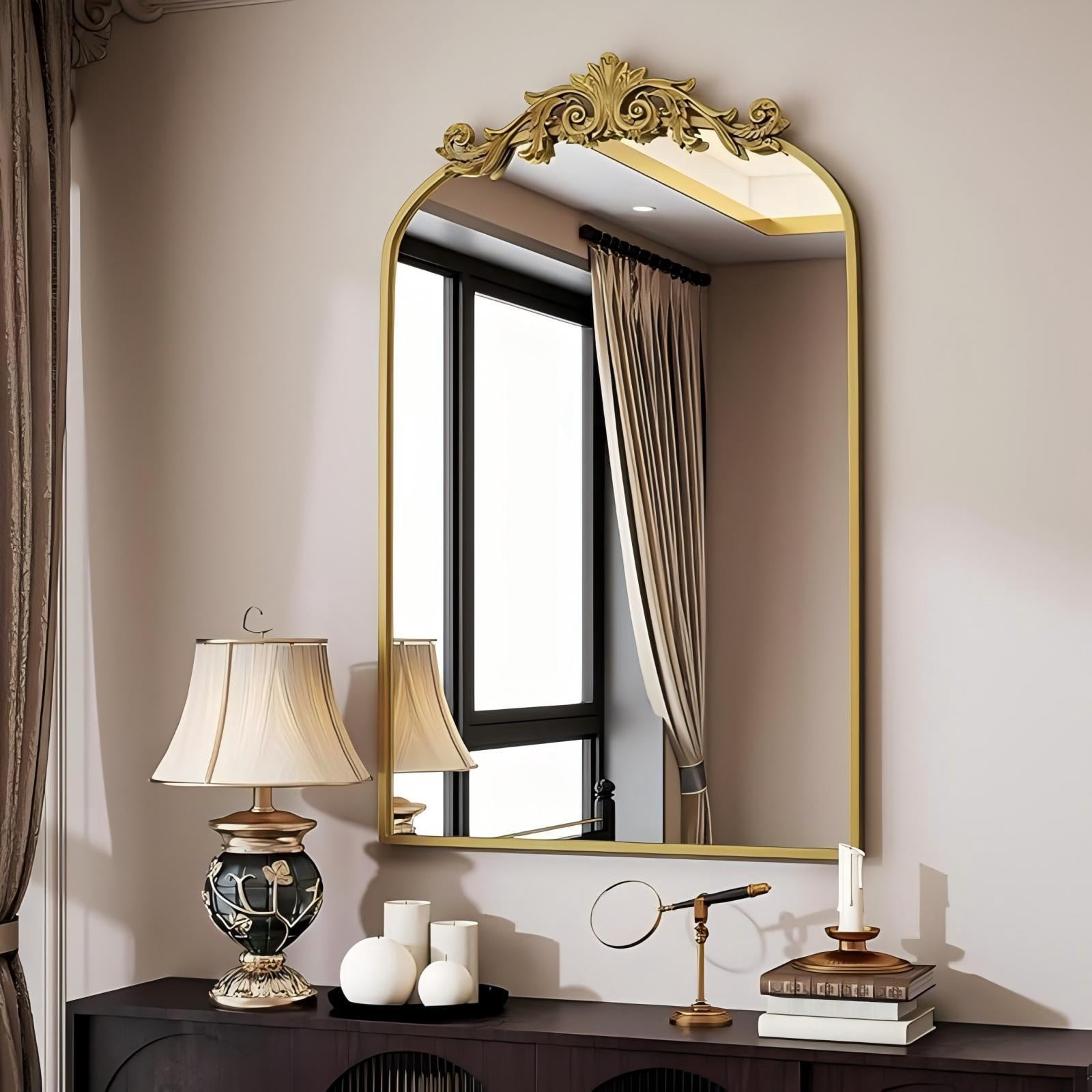 Mirrasia 36" x 24" Vintage Arched Wall Mirror Retro Metal Frame Vanity Mirror with Carved Top, Gold