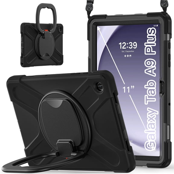 XYX Tablet Case for Samsung Galaxy Tab A9 11.0 inch, 360 Degree Rotating Hand Grip Shockproof Cover with Shoulder Strap, Black