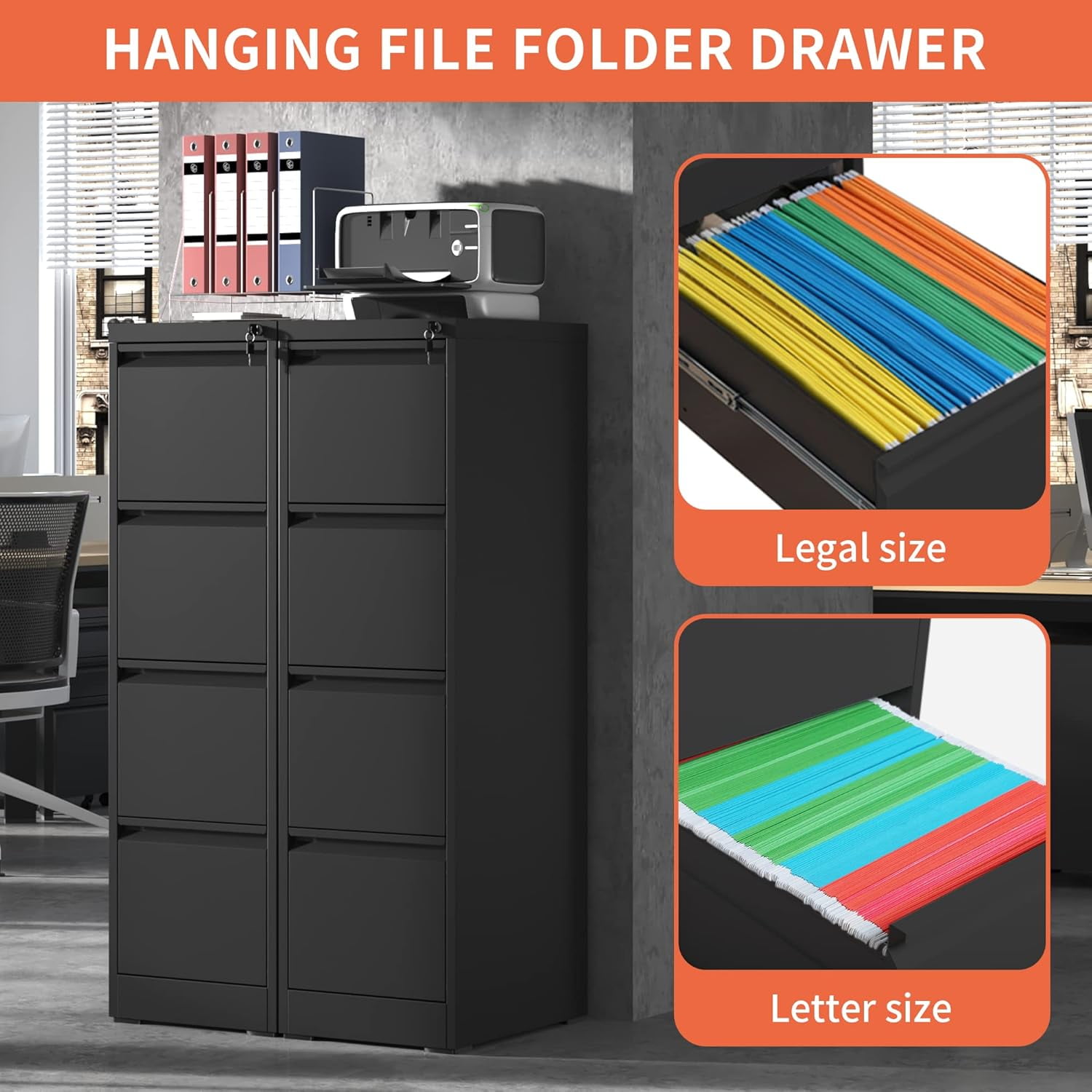 IKIMI 4-Drawer Vertical File Cabinets with Lock, Portable Rolling Metal Filing Cabinet for Legal/Letter/A4 Files, Black
