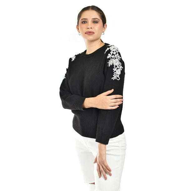 Sueter con bordado y pedrería en los hombros Roman Fashion / Juvenil, 4008 (Negro) negro M