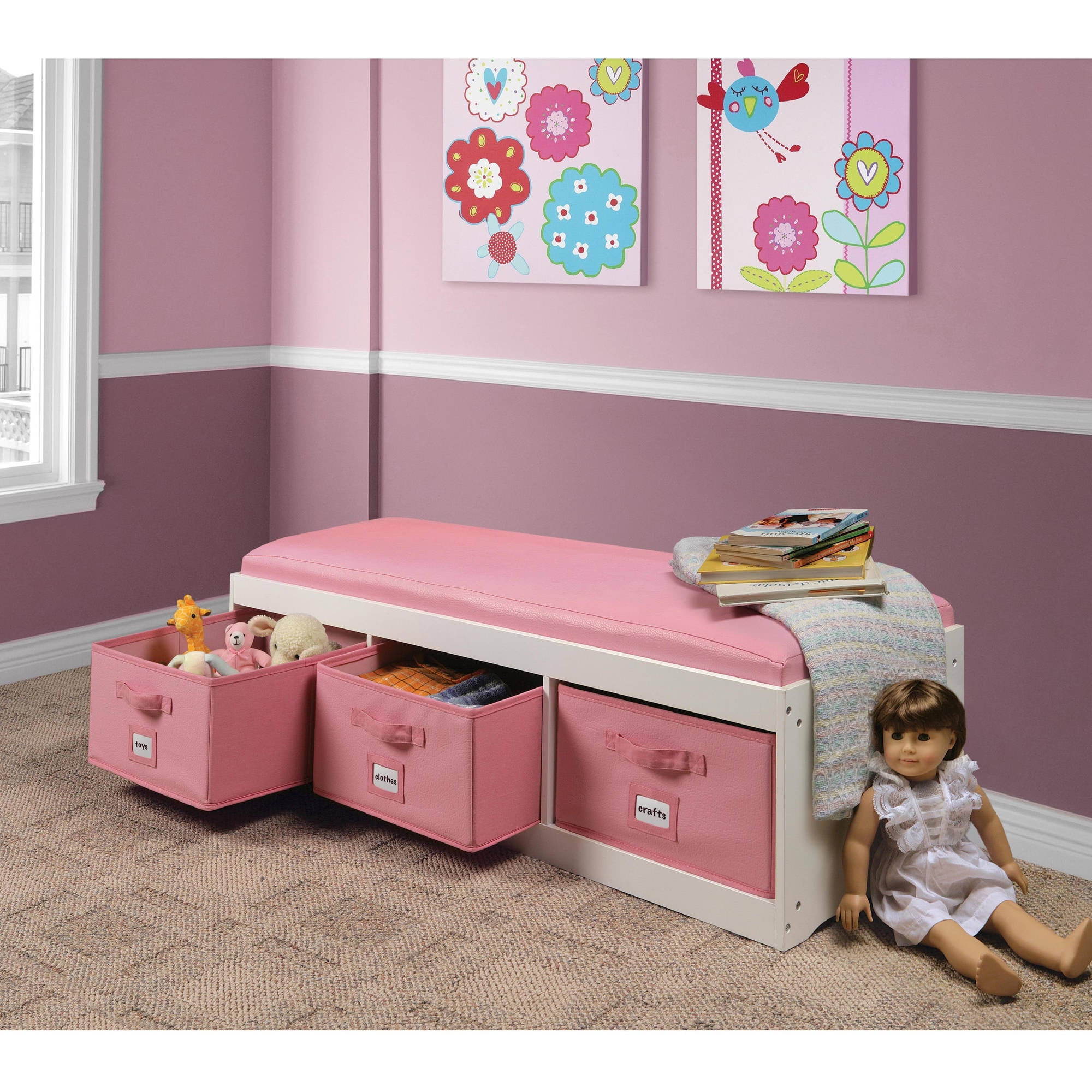 badger basket kids storage bench with cushion and 3 bins whitepink walmartcom - Kids Room Storage Bench badger basket kids storage bench with cushion and 3 bins whitepink walmartcom - Kids Room Storage Bench