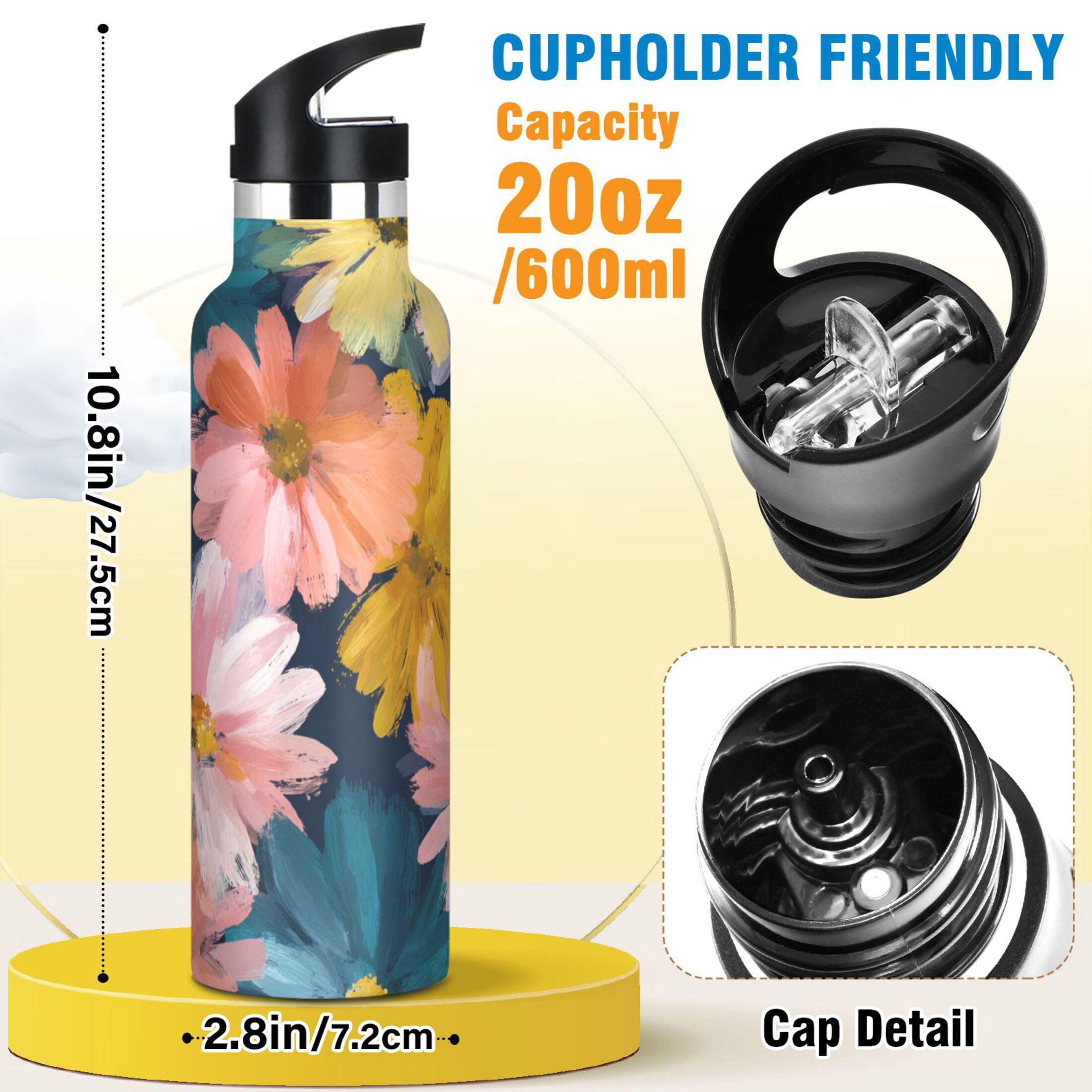 Kids Insulated Stainless Steel Sports Water Bottle 600ml (20oz) Oversized Daisies
