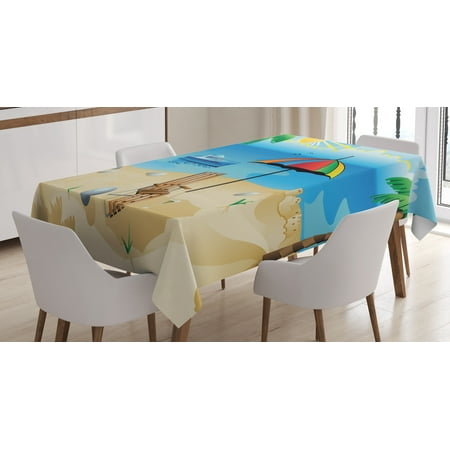 Rainbow Beach Umbrella - Beach Tablecloth, Colorful Cartoon Style Coast Pattern Boat Rainbow Umbrella Open Skyline Palm Tree, Rectangular Table Cover for Dining Room Kitchen, 52 X 70 Inches, Multicolor, by Ambesonne