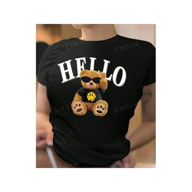 Camiseta de manga corta y cuello redondo para mujer con estampado de oso para uso casual en primavera y verano Color Negro Talla Grande Marca Emil SaEs