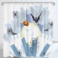 thumbnail image 1 of Whimsical Rideau de Douche Halloween - Design Paysage Urbain Blanc et Bleu avec Chauves-Souris, Lune et Citrouille, 1 of 4