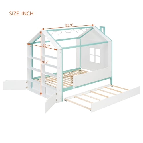 Full Size Kids House Bed Frame with Pull-Out Trundle, Foot-End Storage Shelves & Cool White LED Lights, White+Blue