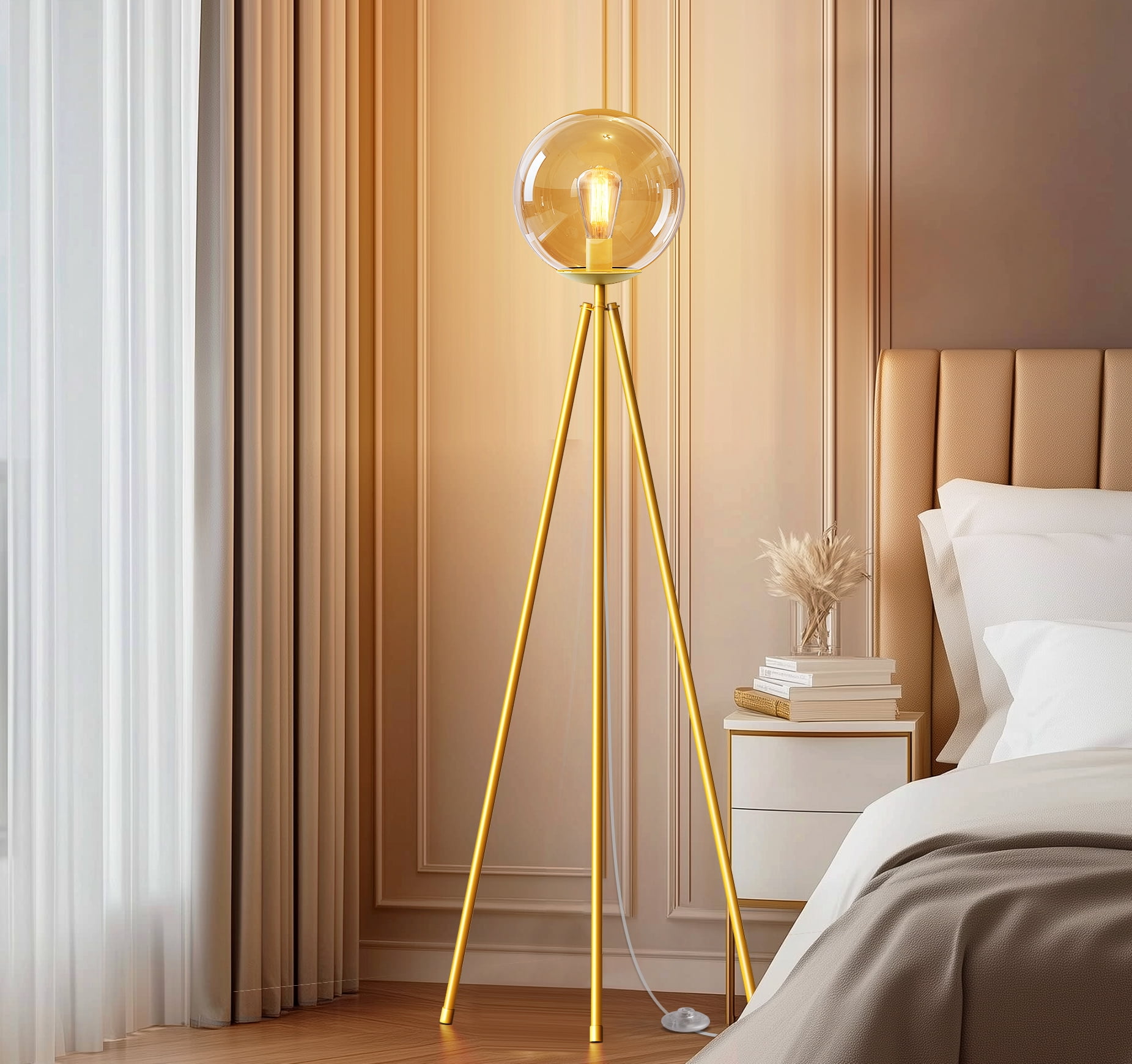 Tripod Floor Lamp for Living Room with Footswitch, Standing Lamp Tall Industrial Floor Lamp Reading for Bedroom, Office (6W LED Bulb and Tea-color Lampshade Included) -Gold
