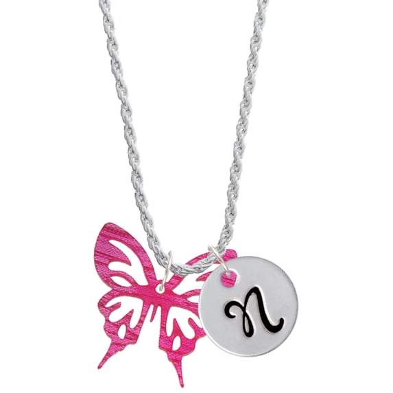 Delight Jewelry Acrylic Medium Cut Out Butterfly Magenta Silvertone Script Initial Disc - N - Charm Necklace, 20"+3"