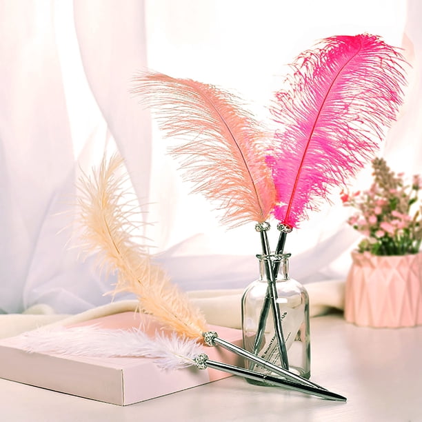 Pluma de pluma para firmas de libros de invitados de bodas - Acero inoxidable con empuñadura de pluma de avestruz, tinta de 10 ml, longitud de 15,7", opciones rosas/naranjas/blancas