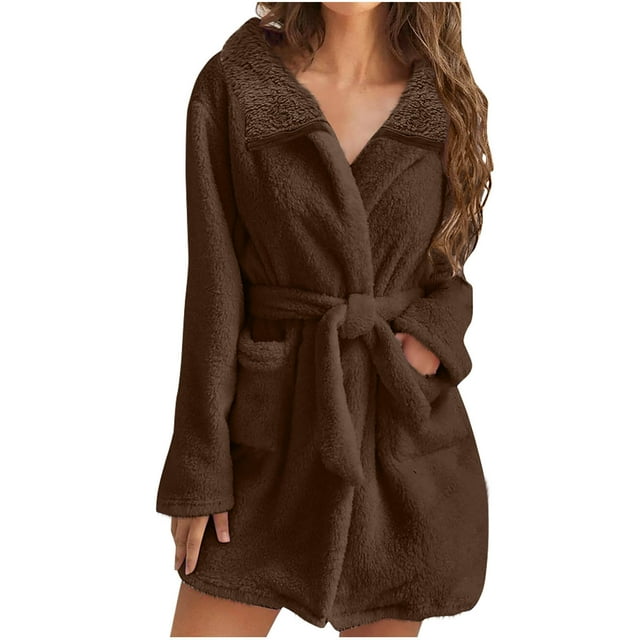 cfhntfmh Womens Fuzzy Robe Mid Length Bathrobe Belted Long Sleeve Soft Bath Robes Plush Fall Winter Spa Robes with Pockets