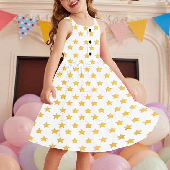 Pejock Girls Summer Sleeveless Dress 2-12 Years with Pockets, Round Neck Button Front Play Dress for School, Casual Wear, Holidays and Parties