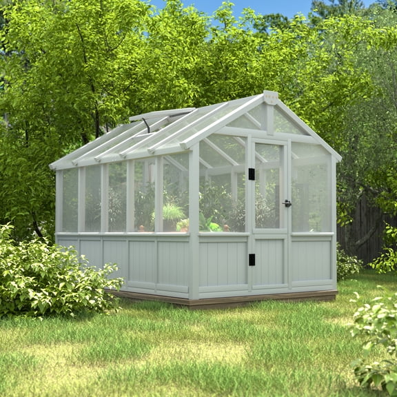 VEIKOUS 6'X10' Outdoor Cedar Wood Greenhouse, Walk-in Greenhouse W/Adjustable Vent for Backyard, Cool Gray