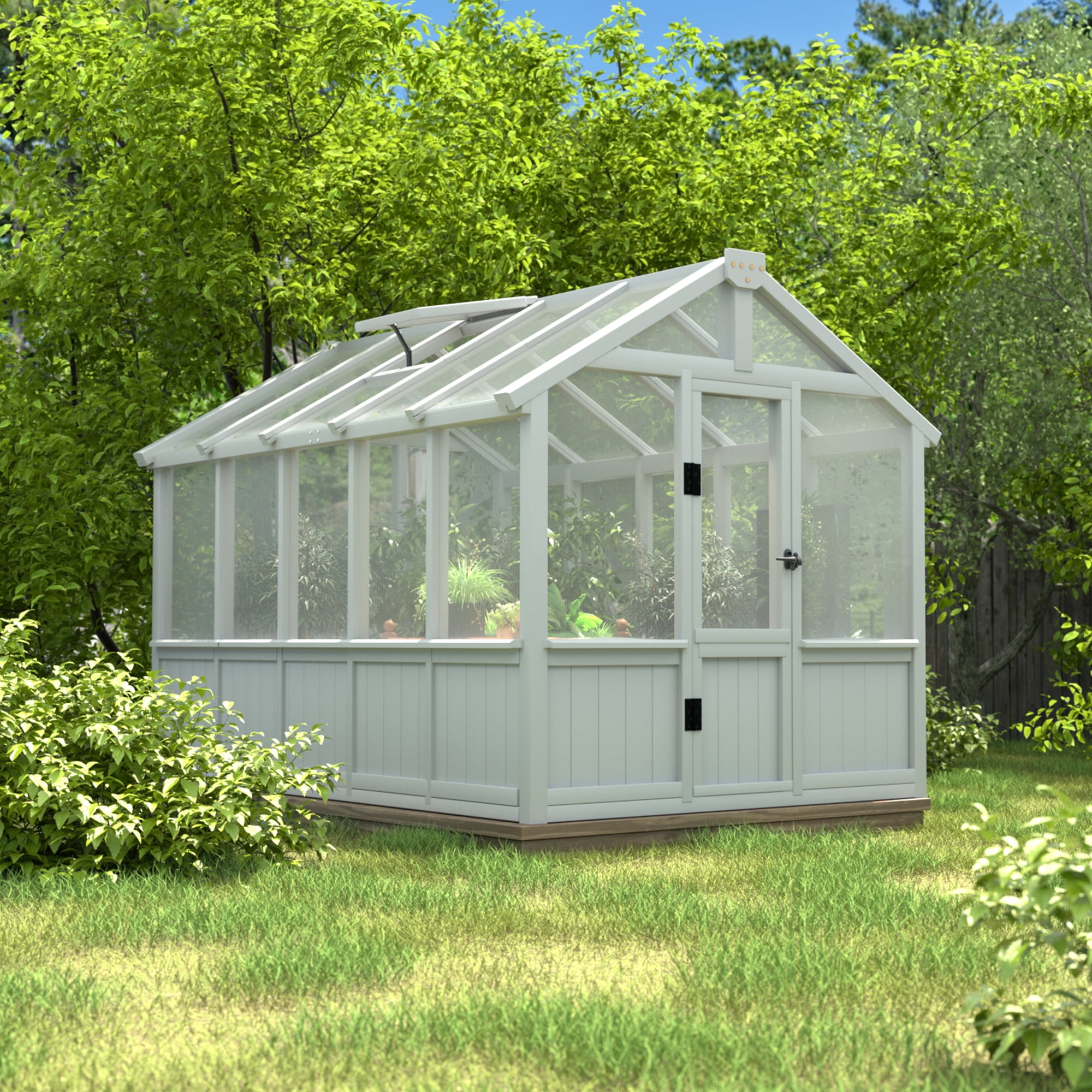 VEIKOUS 6'X10' Outdoor Cedar Wood Greenhouse, Walk-in Greenhouse W/Adjustable Vent for Backyard, Cool Gray