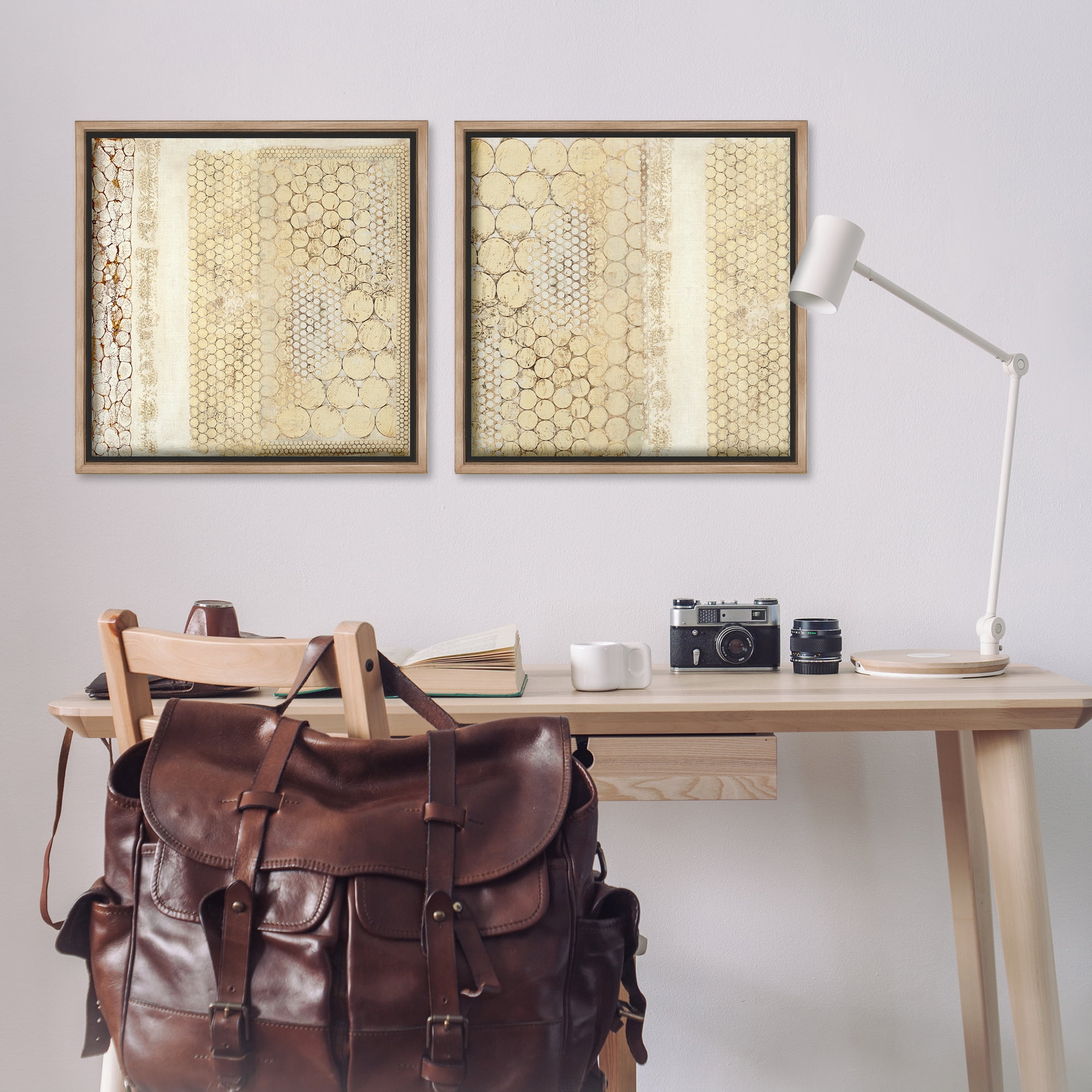 Stupell Industries Distressed Pale Yellow Circles Abstract Painting Brown Floater Framed Canvas Art Print Wall Art, 25 x 25, Set of 2
