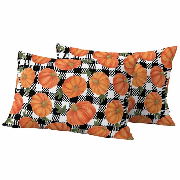 Lumbar Pillow Covers 12 x 20 Inches, Thanksgiving Waterproof Throw Pillow Cover Set of 2, Fall Orange Pumpkin Black White Plaid Decorative Rectangle Cushion Covers for Patio/Tent/Couch/Garden