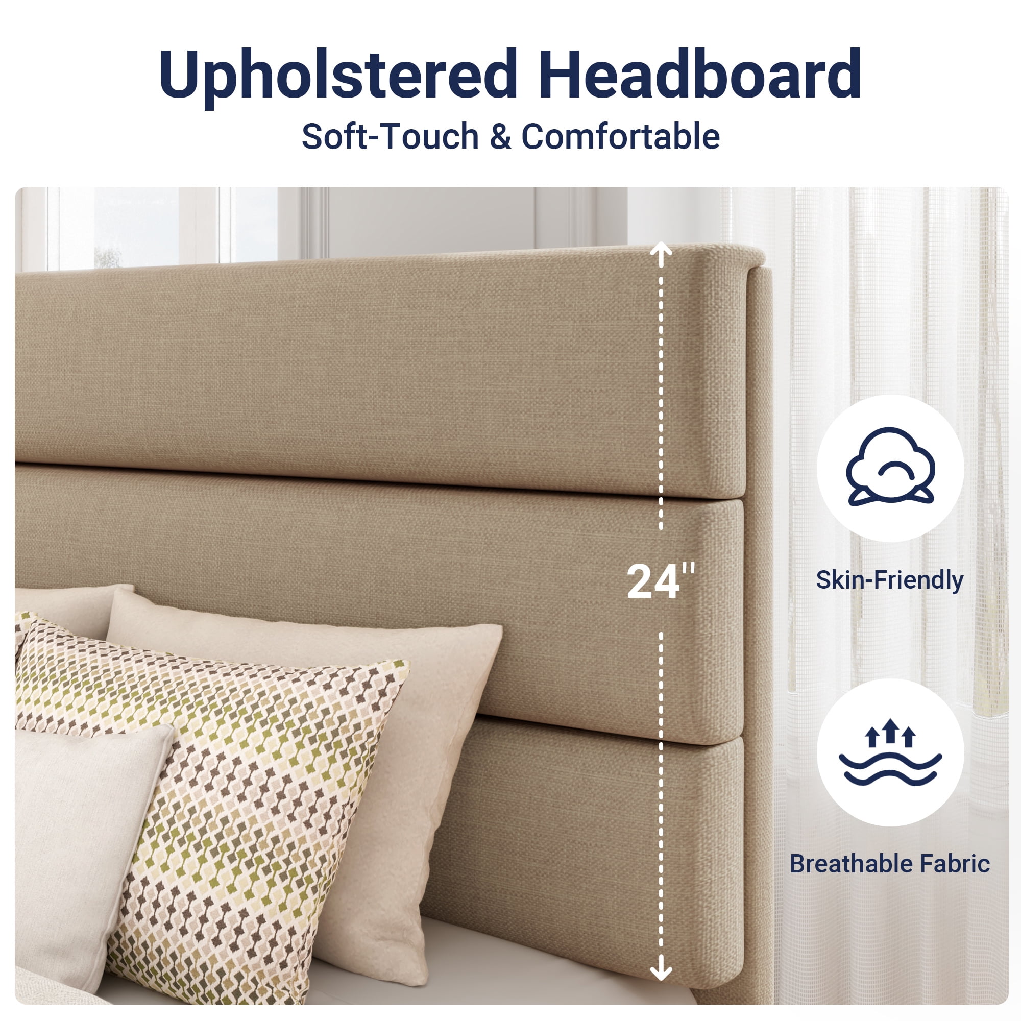 Allewie Twin Size Platform Bed Frame with Fabric Upholstered Headboard, No Box Spring Needed, Beige