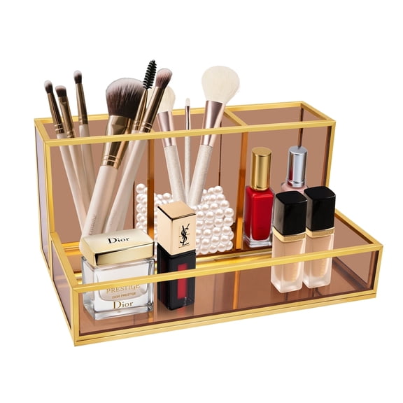 LEIUOXI Vintage Makeup Brush Organizer, Toasted Brown Desktop Storage Box, Glass Perfume & Jewelry Display Tray