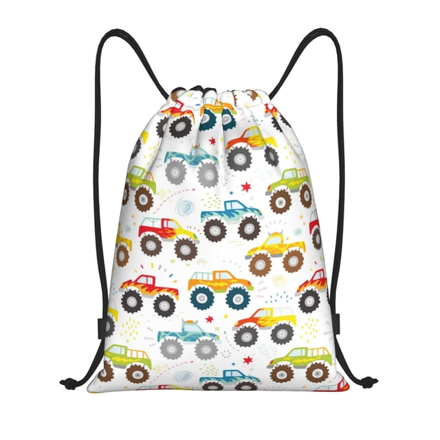 Xecao Cartoon Monster Trucks Pattern Sports Drawstring Backpack - String Swim Gym Bag with Wet Proof Pocket for Women&Men-Medium