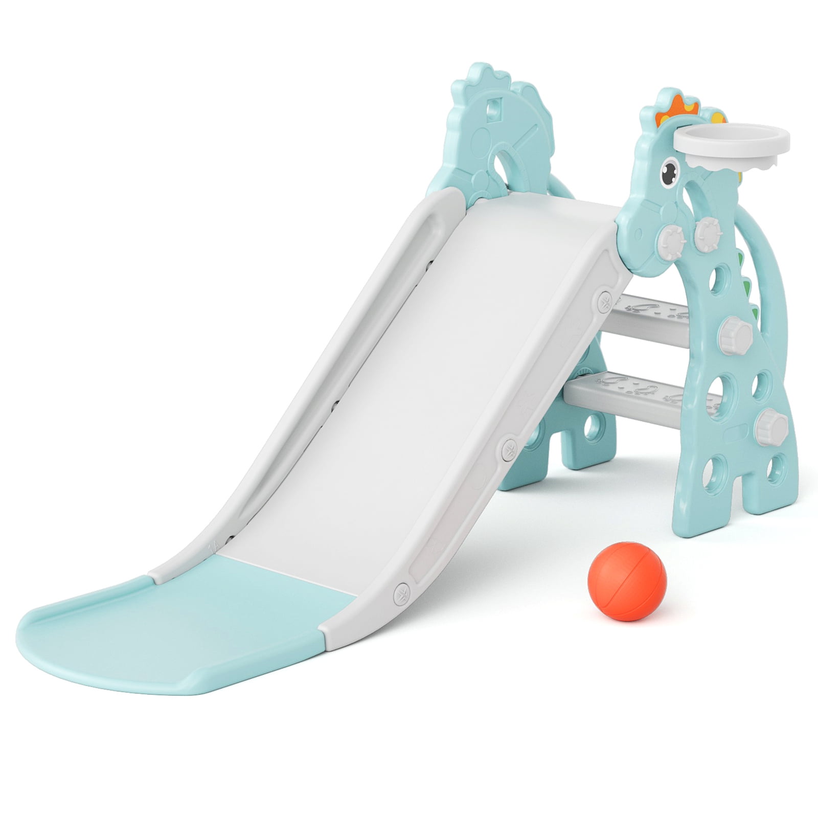 KORIMEFA Toddler Slide Indoor for Toddlers 1-3 Baby Slide Outdoor Playset with Basketball Hoop and Ball Plastic Foldable Slides for Kids Backyard Climber Set,Green