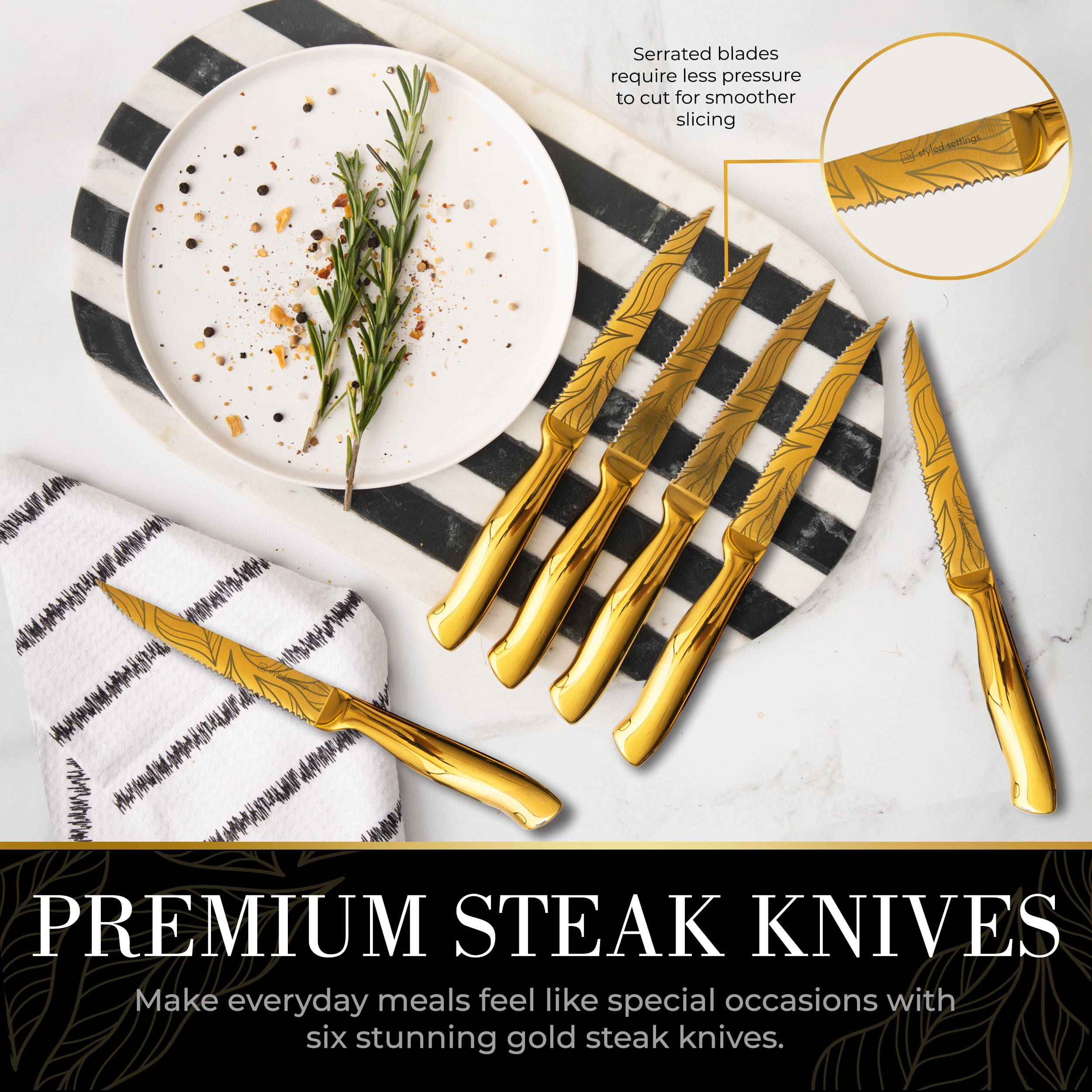 Styled Settings 14-Piece Gold Knife Set with Block and Built-In Sharpener, Titanium-Coated Blades with Leaves Pattern, Black Block