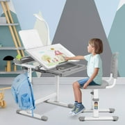 GARTIO Kids Desk and Chair Set W/ LED Lamp, Pull-Out Storage Drawer, Bookstand Gray