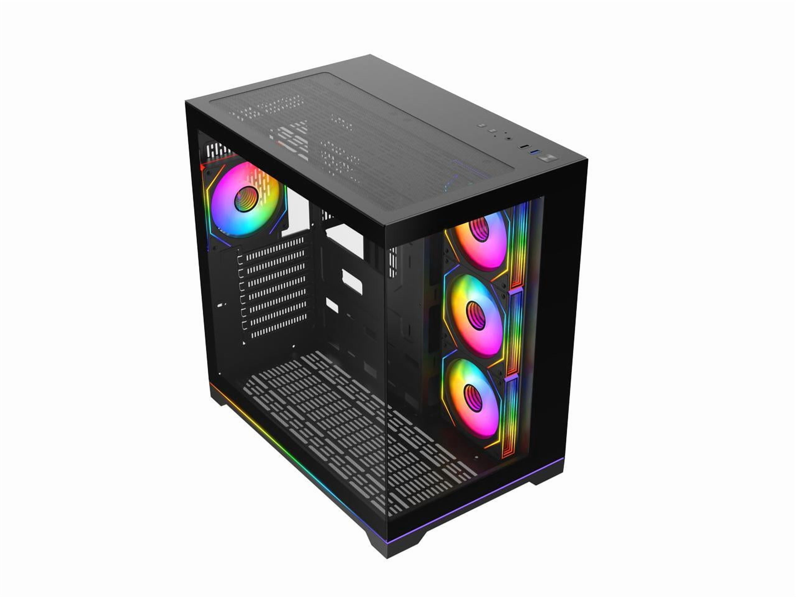 DIYPC ARGB-DC200-BK Black Dual USB3.0 Tempered Glass ATX Gaming Computer Case w/ 4 x ARGB PWM Fans (Pre-Installed) and ARGB Light Strip at Bottom.
