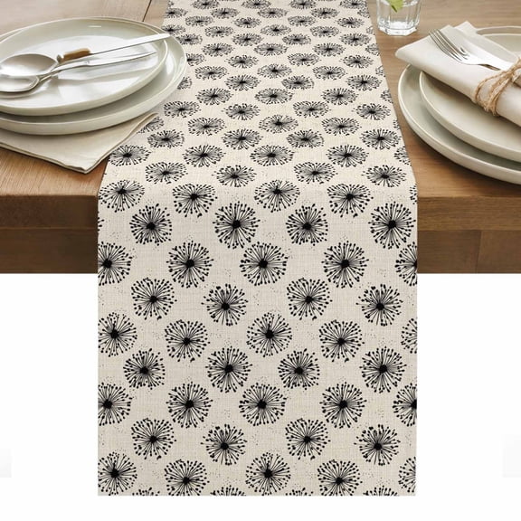 Black Beige Dandelion Table Runner - 48 Inch Long, Kitchen Dining Table Runner Dresser Scarves, Farmhouse Botanical Blossom Farmhouse Decor for Coffee Tables Wedding Party Banquet