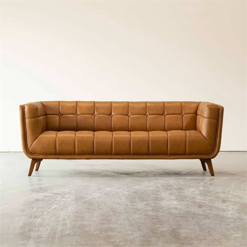 Allen Mid Century Modern Tufted Back, Beige Leather Tufted Sofa
